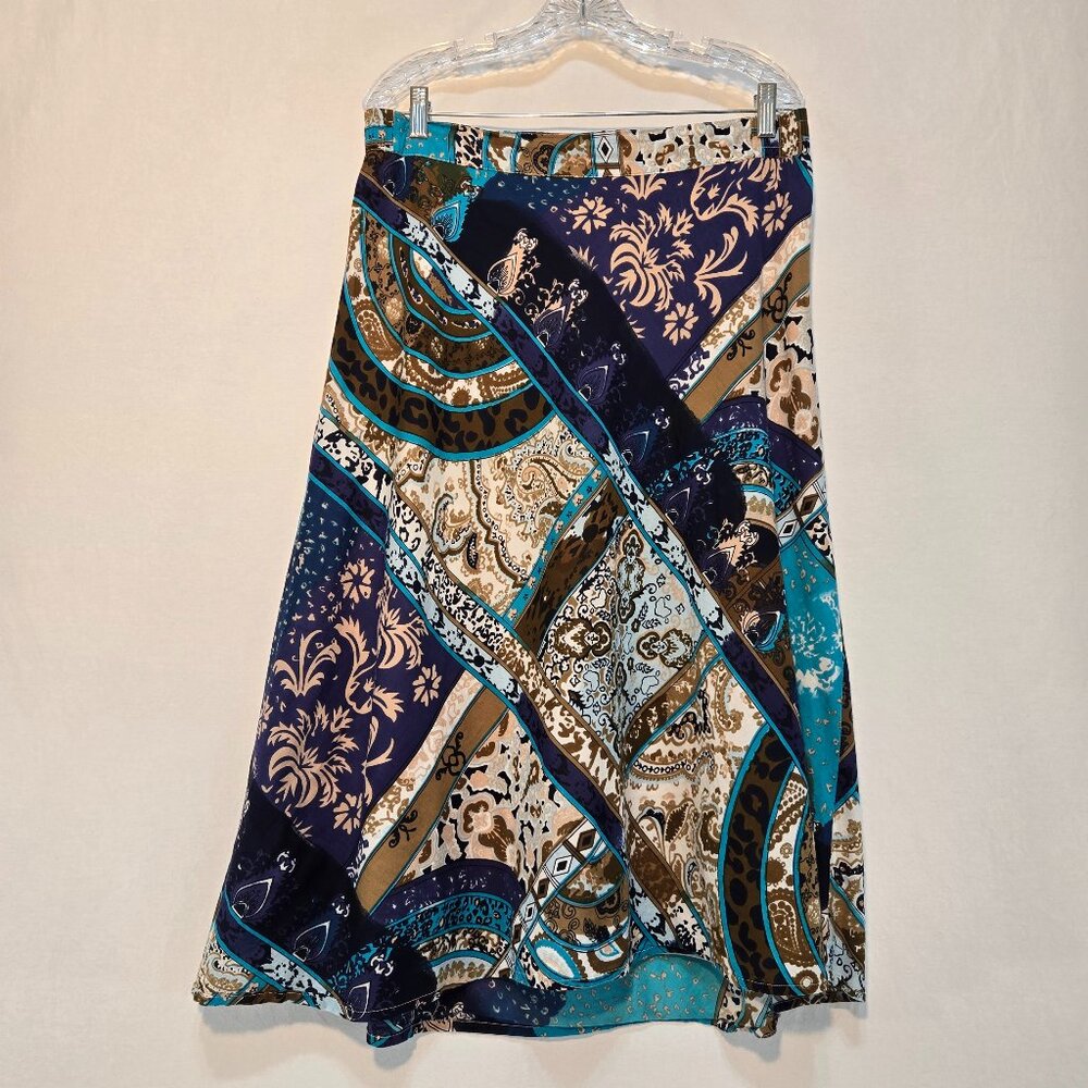 Vintage SAHALIE Cottagecore Boho Blue/Brown Printed Midi Skirt Oversized Size L.